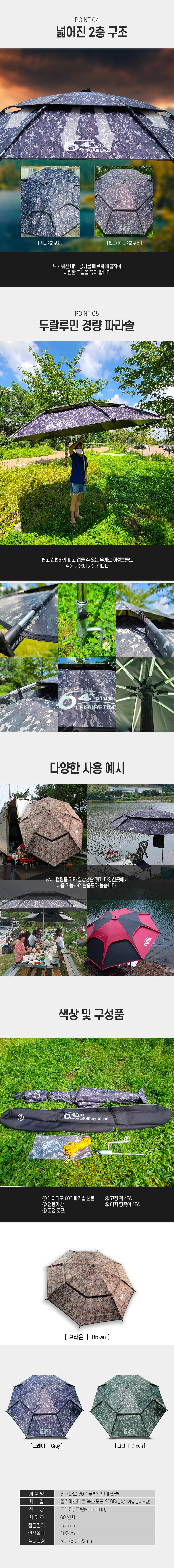 레져다오 60인치 두랄루민 파라솔 밀리터리 암막코팅 스텐3단봉